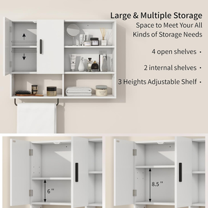 Armoire murale <span class=keywords><strong>blanche</strong></span> pour salle <span class=keywords><strong>de</strong></span> bain avec 2 portes, étagères réglables, barre <span class=keywords><strong>porte</strong></span>-serviettes, rangement au-dessus des toilettes pour cuisine et buanderie - Product Image 6