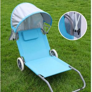Chaise longue de plage pliable 2-en-1 convertible pour camping en plein air, <span class=keywords><strong>chariot</strong></span> roulant portable avec roues et auvent pare-soleil - Product Image 1