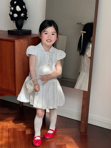 Nouvelle collection été 2026 : Robes pour filles style coréen, broderie ajourée, style preppy, manches bouffantes en dentelle, mélange de coton - Product Image 2