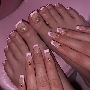 <span class=keywords><strong>Uñas</strong></span> Postizas <span class=keywords><strong>Francesas</strong></span> Hechas a Mano, <span class=keywords><strong>Uñas</strong></span> Acrílicas Largas con Cobertura Completa, Diseño 3D con Flores y Diamantes de Imitación, 10 Piezas/Juego para Mujer - Product Image 4