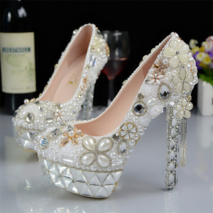 Factory Price Luxury Wedding Women <b>Shoes</b> Round Toe 14cm High Thin Heel Crystal Rhinestone Tassel for - Product Image 2