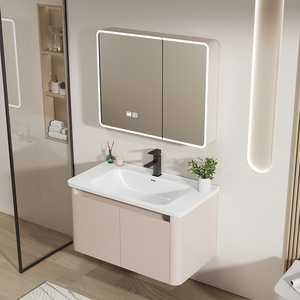 Nordic modern <b>wall</b> mounted double-layer seamless ceramic integrated basin intelligent <b>mirror</b> bathroom cabinet - Product Image 6
