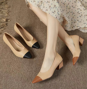 จีนกว่างโจวหนังแท้รองเท้าส้นสูงโรงงาน Retro ชี้ toe รองเท้าส้นสูงสํานักงานสองโทนหมวก Toe ปั๊มขายส่ง - Product Image 5