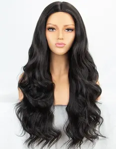 Toptan dalgalı peruk uzun saç-Doğal görünümlü ucuz isı dostu Fiber saç 24 inç uzun doğal dalgalı siyah yok dantel sentetik peruk