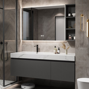 Smart Lighting Stone Slab Ceramic Seamless Integration One-Piece Basin Solid Wood Bathroom Cabinet - Product Image 3