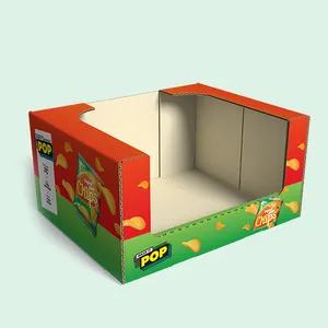 Holidaypac ชั้นวางแบบกําหนดเองพร้อมกระดาษลูกฟูกถาดขนม Pdq แสดงกระดาษแข็งถาดวางซ้อนกันได้อาหารขบเคี้ยวกล่องแสดง Pdq