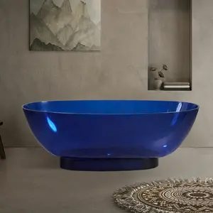 Simple Blue Transparent Center Drainer Freestanding Bathtub