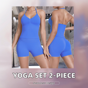 Conjunto de Yoga de Dos Piezas sin Costuras de Alta Calidad, Sujetador Deportivo y Pantalones Cortos de Cintura Alta, Color Sólido, Transpirable, con Logotipo Frontal - Product Image 2