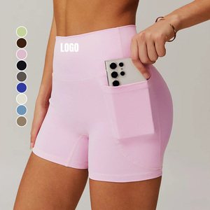 Shorts de yoga taille haute pour <span class=keywords><strong>femme</strong></span>, sensation seconde peau, couleur unie, séchage rapide, pour entraînement, course et gym, avec poche, qualité supérieure personnalisée - Product Image 1