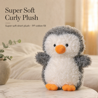 Peluche pingouin super douce en fourrure bouclée courte, 20 cm, rembourrée en coton PP, pour boutique de cadeaux et vente au détail