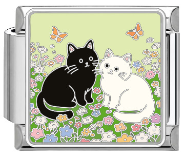 4967-butterfly flowers black and white cat