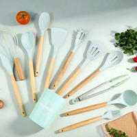 Peralatan Dapur Mewah Peralatan Masak Kecil Set Aksesoris Dapur Silikon dengan Gagang Kayu