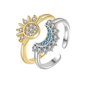Cincin terbuka berkilau berlapis emas/perak perak Sterling 925 cincin Matahari angkasa dapat ditumpuk dan cincin bulan untuk wanita