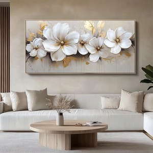 Cuadro Abstracto Moderno Grande Hecho a Mano sobre Lienzo con Hojas de Oro, Pinturas de <span class=keywords><strong>Flores</strong></span> Blancas Ecológicas para Sala de Estar - Product Image 4