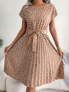 Stile dolce stampa floreale grande orlo plissettato abiti da donna eleganti Casual a vita alta elegante abito estivo a manica corta da donna - Product Image 4