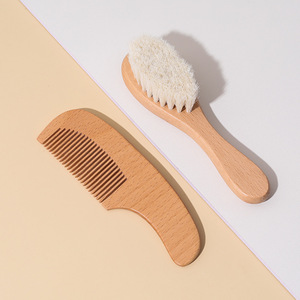 2pcs Set Soft Beech Wood Comb Newborn Hairbrush with Wool for Massager Baby <b>Shower</b> Hair Soothing and Gift Baby Care Hairbrush - Product Image 1
