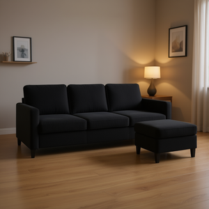Black L-Shaped Sectional Sofa With <b>Footstool</b> Velvet Modern Living Room Furniture 3 Seater Cushion Back <b>Padded</b> Arms Wood Legs - Product Image 2