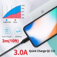 Cable de Carga Rápida USB-C Tipo C de 3 m (10 pies) con Trenzado de Nailon, QC3.0 3A, para Teléfono Móvil y Tableta con Puerto USB-C