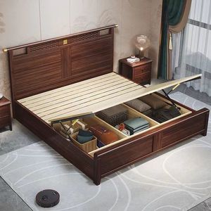 Cama moderna de estilo chino de madera maciza de wengué de 1.8 m con doble almacenamiento y base alta para uso doméstico o en bodas. - Product Image 2