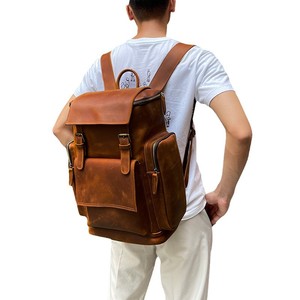 Crazy Horse Leather Travel <b>Backpack</b> 20 Inches Large Capacity Men's <b>Student</b> <b>Backpack</b> Solid Color Interior Zipper Pocket - Product Image 4