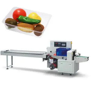 Máquina automática de embalagem de travesseiros para bandejas de carnes frescas e legumes congelados