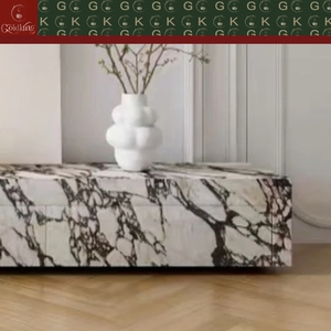 Console TV moderne et artistique pour salon, en marbre Calacatta à base blanche et veines noires, 3 tiroirs à ouverture par pression, découpe sur mesure OEM - Product Image 6