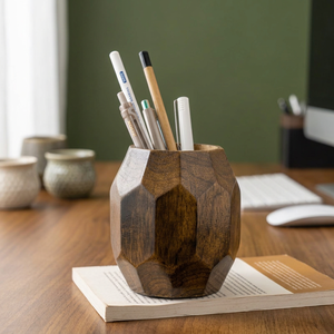 Porte-stylo rond artisanal et durable en bois pour salon |   Porte-crayons moderne fantaisie, mignon et élégant - Product Image 5