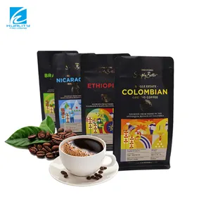 Etiqueta Privada impresa personalizada, 100g, 250g, 500g, 1kg, papel de aluminio negro resellable, bolsa de embalaje de granos de café de fondo plano con válvula