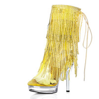 Bottines à plateforme transparente de 13 cm (5 pouces) à semelle épaisse, avec fines lanières, strass et pompons, style gothique exotique, bout ouvert, pour boîte de nuit, printemps-été