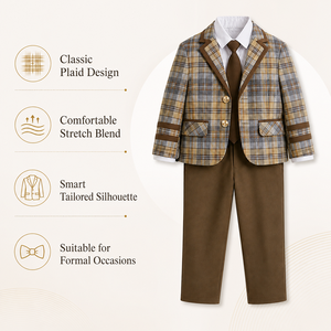 Ensemble de Costume 4 Pièces pour Garçons : <span class=keywords><strong>Blazer</strong></span> à Carreaux, Chemise, Cravate, Pantalon – Tenue Formelle Extensible pour Enfants et Adolescents, Style Gentleman, Mariage, Preppy – Vente en Gros OEM - Product Image 5