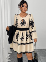 Robe Mini Décontractée Grande Taille pour Femme, Imprimé Vintage, Col Rond, Découpe Goutte d'Eau, Manches Longues Ballon, Taille Haute Élastique, Coupe Trapèze