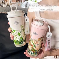 Nouveauté Tasse isotherme à vide en acier inoxydable 316 à motif floral réutilisable de grande capacité