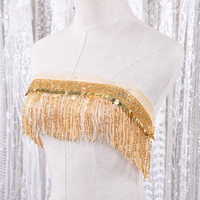 Cinta de encaje con flecos de borlas de lentejuelas brillantes y cuentas, tamaño personalizado, con base de malla, para vestido de baile y atuendo de noche