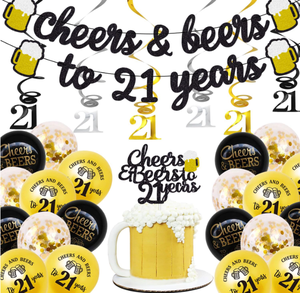 Decoración para Fiesta <span class=keywords><strong>de</strong></span> 21 <span class=keywords><strong>Cumpleaños</strong></span>, Globos <span class=keywords><strong>de</strong></span> Látex Impresos con Frases como 'Cheers&Beers to 21 Years', Guirnaldas, Adornos para <span class=keywords><strong>Pastel</strong></span>, Accesorios para Fotos - Product Image 1