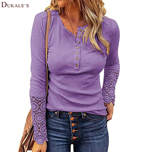 Áo Dáng Dài Ôm Có Cúc Áo Thun Dài Tay Ren Cho Nữ Áo Dáng Ôm Thanh Lịch Màu Trơn Áo Sơ Mi Dệt Kim Gân Cổ Tròn Co Giãn Áo Cánh - Product Image 5