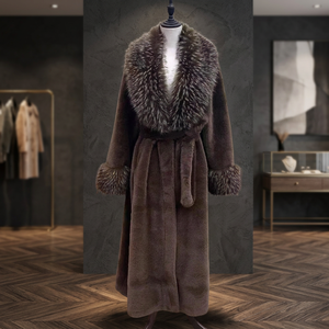 Manteau long en fausse fourrure pour femme avec col en fourrure de renard, fermeture à ceinture, couleur unie, épais, chaud, vêtement d'extérieur d'hiver, manches longues, style élégant - Product Image 3