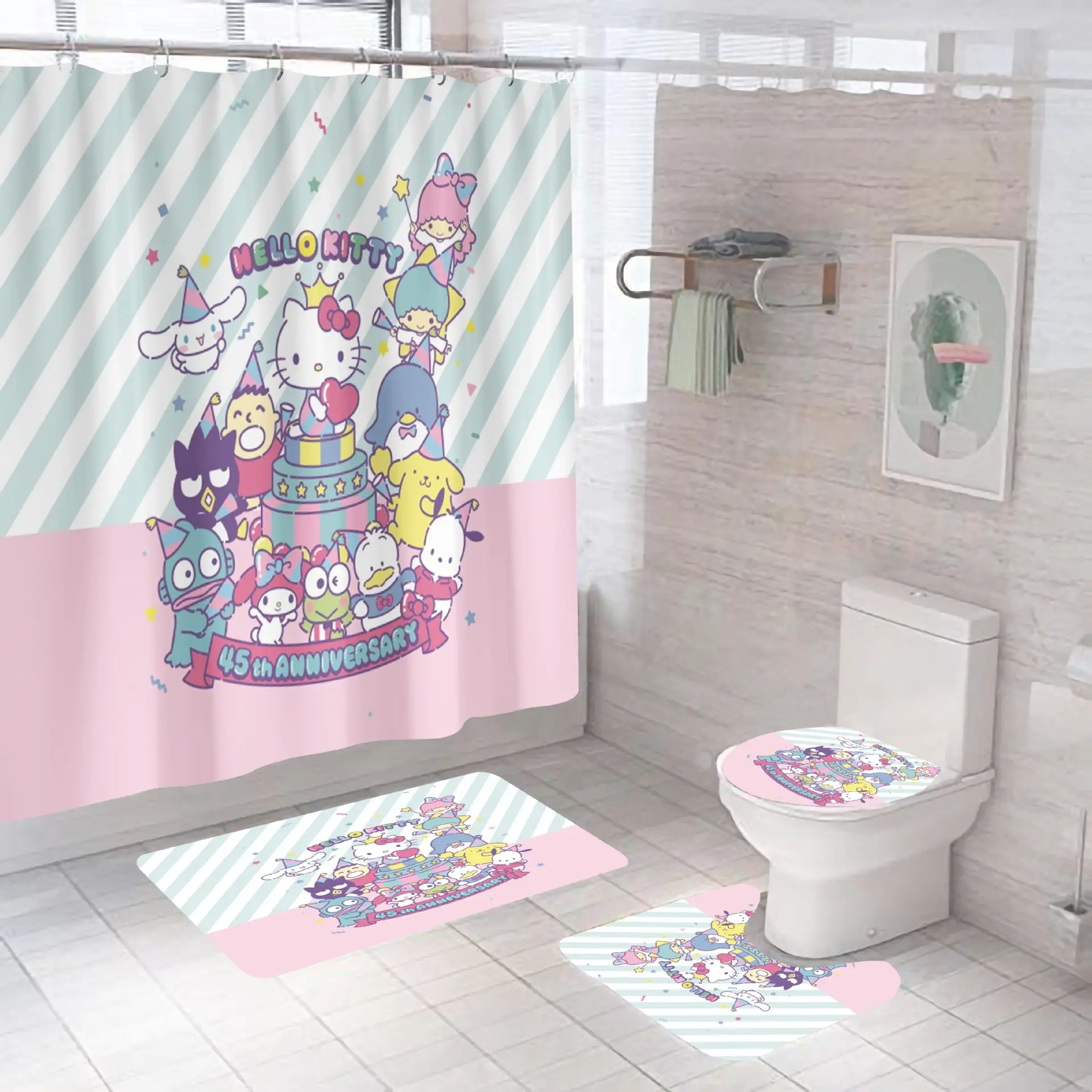 현대 패션 디자이너 핑크 고양이 키티 폴리 에스테르 방수 욕실 샤워 커튼 아이들을위한 매트