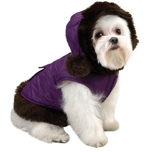 Chaleco Acolchado Morado para Mascotas con Capucha y Ribete de Piel, Chaqueta de Invierno para Perros y Gatos, Ropa para Clima Frío - Product Image 1