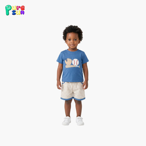 퓨어선 남아 의류 세트 캐주얼 만화 반팔 야구 아플리케 100% 면 맞춤 로고 - Product Image 3