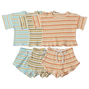 High Quality Summer Kids Short Sleeve Colorful Girls Stripe Rib Cotton Baby Clothing Sets