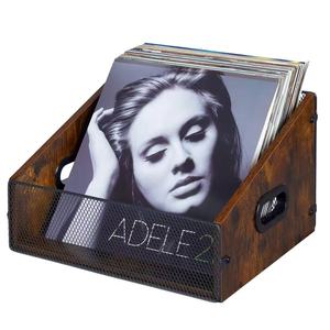 Estante para discos de vinilo de madera maciza y hierro, caja de almacenamiento marrón para exhibir CD, estante de exhibición. - Product Image 3