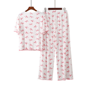 PJ-055 ชุดนอน 2 ชิ้นเอวยางยืดลายเสือดาวผู้หญิงแขนสั้นกางเกงขายาวถักบางทรงหลวมฤดูใบไม้ผลิฤดูร้อน - Product Image 2