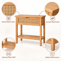 Table console en bambou avec 1 tiroir en rotin et étagère ouverte, table de couloir en MDF pour entrée, salon, rangement naturel