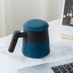 Tasse à thé à manche en bois mat de haute qualité avec infuseur et couvercle tasse infuseur à thé en céramique avec relief texturé <span class=keywords><strong>noir</strong></span> bleu - Product Image 4