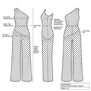 Completo da donna in poliestere a due pezzi, <span class=keywords><strong>bianco</strong></span> e nero a pois, top monospalla con peplum in <span class=keywords><strong>pizzo</strong></span> e pantaloni a zampa a vita alta, ideale per feste - Product Image 3