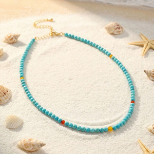 Collar de Cuentas de Piedra Turquesa Natural con Cuentas Rojas y Amarillas, Ajustable, Unisex, para Días de Playa - Product Image 3