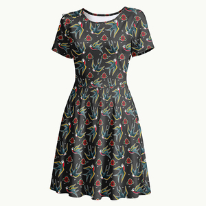 Abito da donna in stile retrò con stampa <span class=keywords><strong>di</strong></span> rondini e rose, gonna a trapezio con doppie tasche laterali - Product Image 2