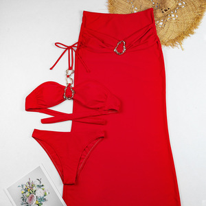 Conjunto de Bikini de 3 Piezas para Mujer, con Detalles Metálicos Dorados, Secado Rápido, Transpirable, Spandex/Nylon, Falda Larga Maxi para Playa - Product Image 6