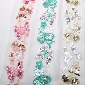 Wholesale Shiny embroidery butterfly pattern Sequin Lace Trim Tape for wedding