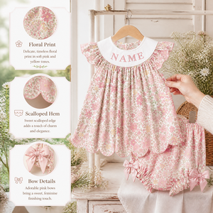 Puresun Set di Abbigliamento Boutique <span class=keywords><strong>per</strong></span> Bambine con Nome Personalizzato, Tunica con Stampa Floreale e Orlo Smerlato e Pantaloncini con Fiocco, Completo Estivo 2 Pezzi - Product Image 2